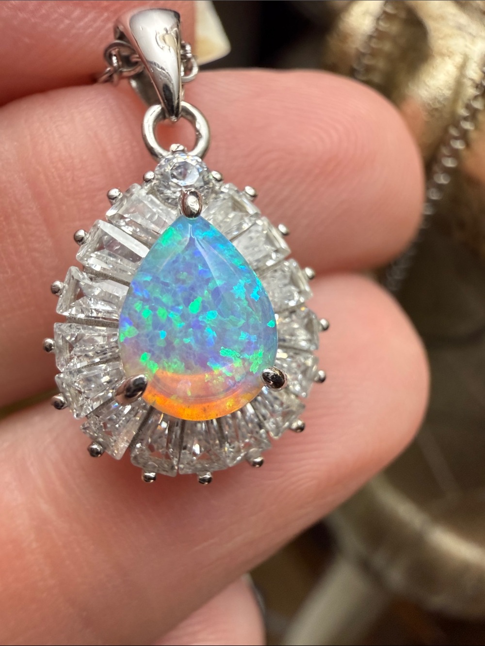 925 Sterling Silver Teardrop Opal Halo Pendant Necklace Moissanite baguettes